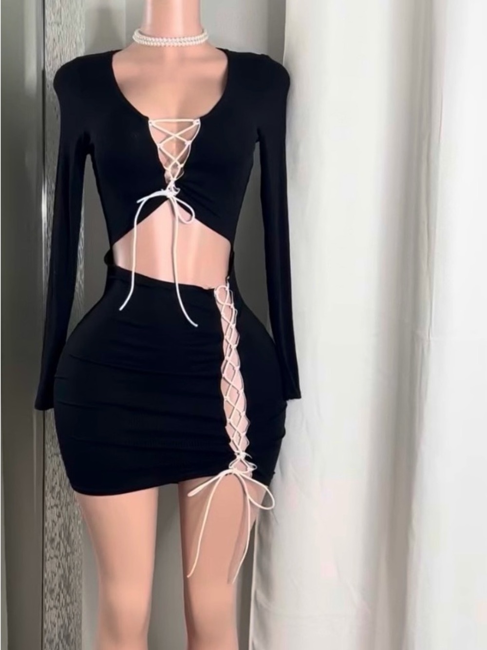 Black Lace-Up Cutout Two-Piece Set